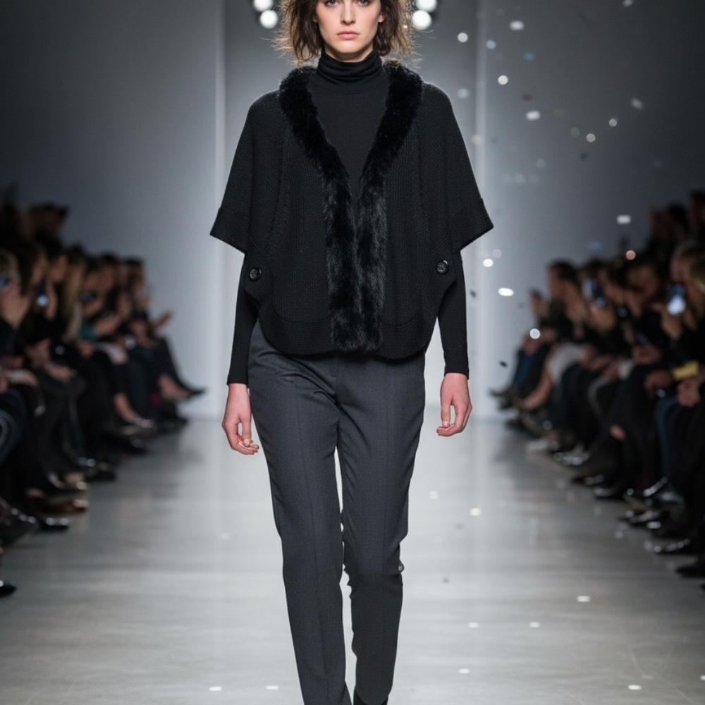 Love Token Black Knit Cape Shawl with Faux Fur Trim